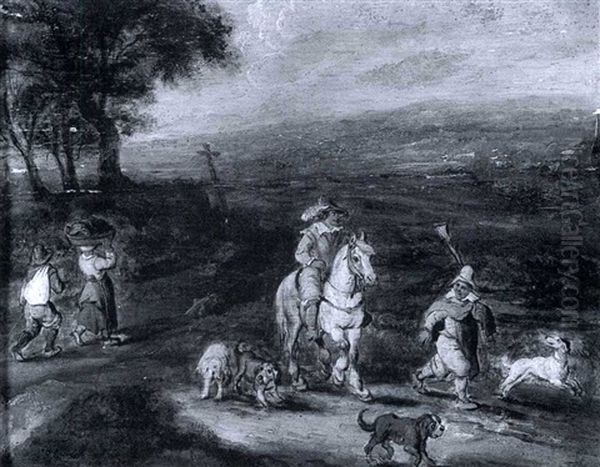 A Cavlier With A Peasant And Four Dogs In A Landscape Oil Painting by Jan Brueghel the Elder