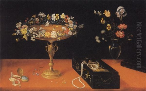 A Still Life Of Flowers In A Glass Vase, A Garland Of       Flowers On A Gilt Tazza And Jewels In A Lacquer Box Oil Painting by Jan Brueghel the Elder