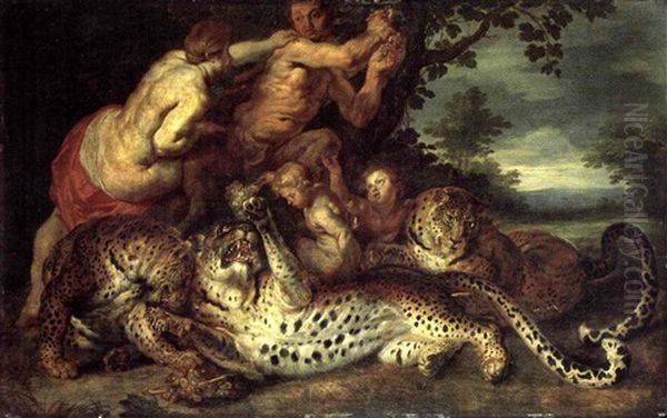 Nymph And Satyr In A Landscapewith Three Leopards Oil Painting by Jan Brueghel the Elder