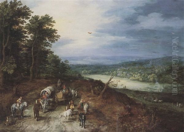 An Extensive Wooded Lanscape With Covered Wagons, A Cart,   Cattle And Other Traffic Alonga Country Road, Oil Painting by Jan Brueghel the Elder