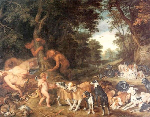 Sleeping Nymphs Watched By Satyrs With Hunting Dogs In A    Wooded Landscape Oil Painting by Jan Brueghel the Elder