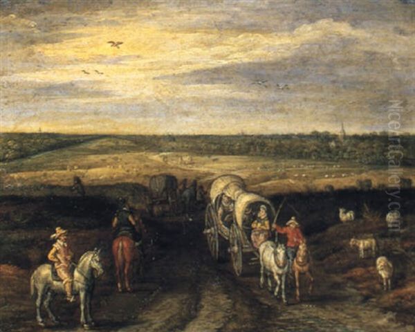 An Extensive Landscape With Waggons On An Open Road Oil Painting by Jan Brueghel the Elder