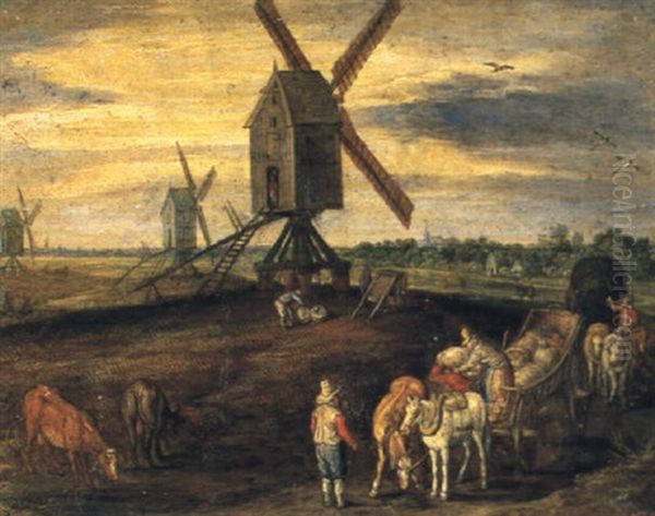 An Extensive Landscape With Boors Loading Corn By A Windmill Oil Painting by Jan Brueghel the Elder