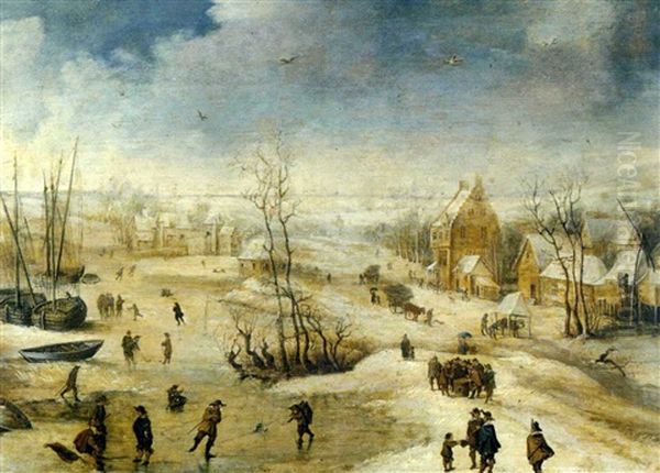 Extensive Winter Landscape With Skaters And Other Figures Oil Painting by Jan Brueghel the Elder