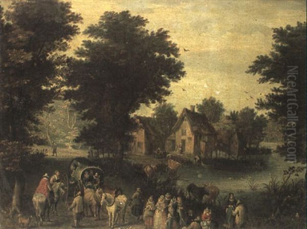 A Woodland River Landscape  Travellers In A     Covered Waggon Oil Painting by Jan Brueghel the Elder