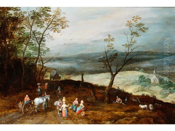 Weite Hugelige Landschaft Mit Rast Auf Der Landstrase Oil Painting by Jan Brueghel the Younger