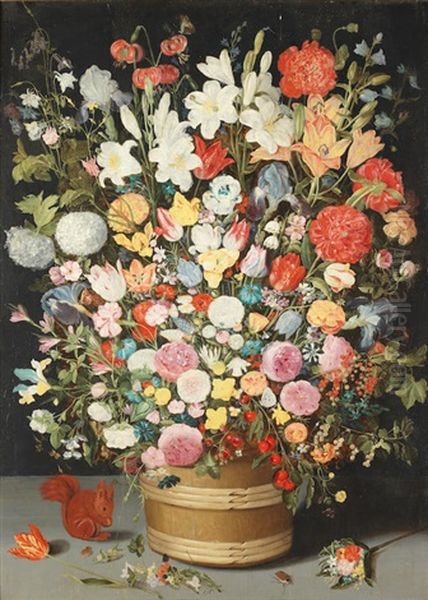 An Extensive Bouquet Of Mixed Spring And Summer Flowers In A Wooden Tub Beside A Squirrel Oil Painting by Jan Brueghel the Younger