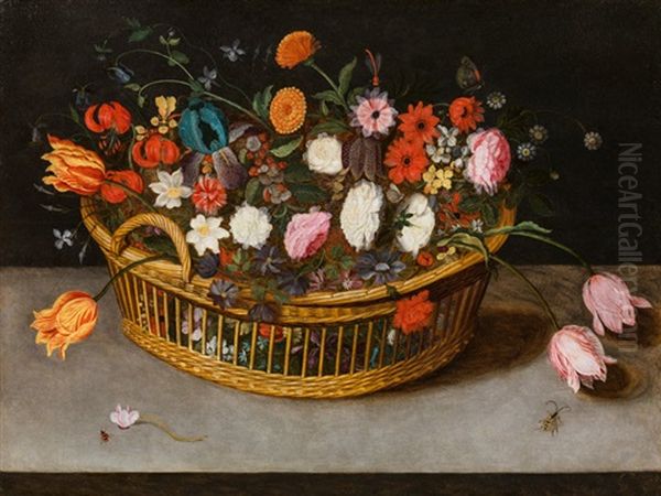 Flowers In A Basket With Handle Oil Painting by Jan Brueghel the Younger