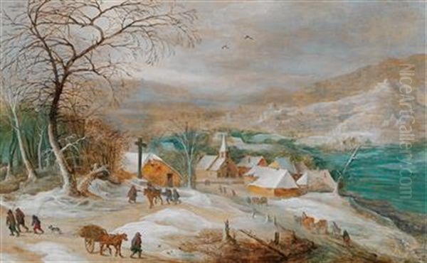 A Winter Landscape With Travellers On A Path And A Town Beyond Oil Painting by Jan Brueghel the Younger