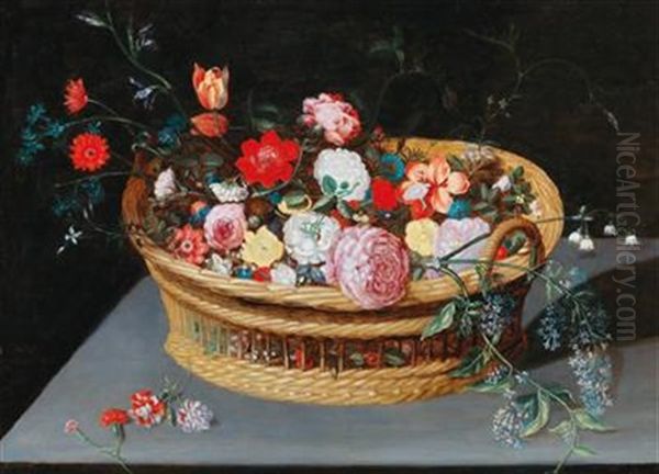 A Basket With Spring Flowers On A Stone Table Oil Painting by Jan Brueghel the Younger