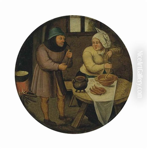 A Woman Making Sausages Oil Painting by Pieter Brueghel the Younger