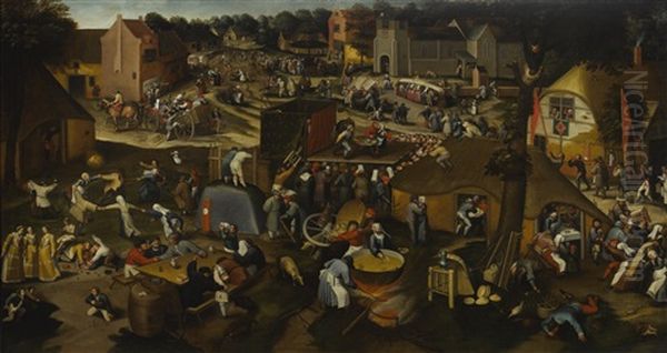 A Village Kermesse With A Performance Of The Farce Een Cluyte Van Plaeyerwater ('a Clod From A Plaeyerwater'), And A Religious Procession Oil Painting by Pieter Brueghel the Younger