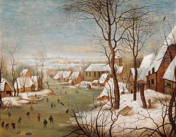 A Winter Landscape With A Village And A Bird Trap Oil Painting by Pieter Brueghel the Younger