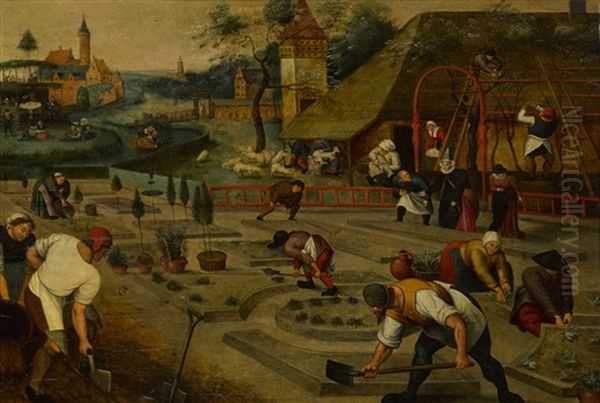 Fruhling - Das Bereiten Der Blumenbeete Oil Painting by Pieter Brueghel the Younger