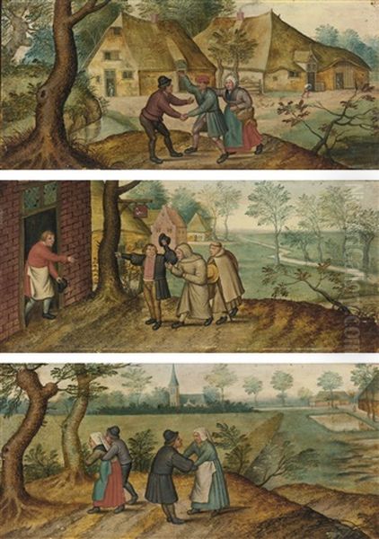 Peasants Greeting One Another; Two Monks In Front Of An Inn; Two Peasant Couples (3 Works) Oil Painting by Pieter Brueghel the Younger