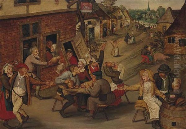 Peasants Drinking And Merrymaking Outside And Inn (collab. W/studio) Oil Painting by Pieter Brueghel the Younger