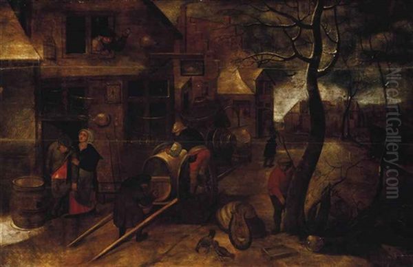 Figures Drawing Wine From A Barrel Outside The Swan Inn Oil Painting by Pieter Brueghel the Younger