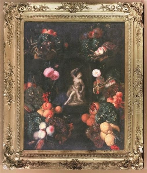 Bountiful Still Life With Flowers And Fruit Surrounding A Niche With Diana And Cupid Oil Painting by Pieter Brueghel the Younger