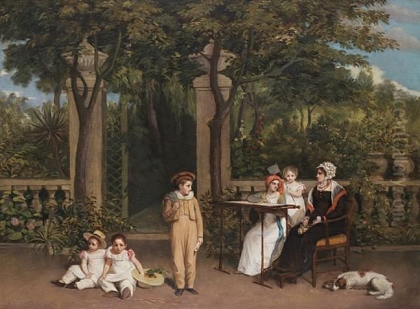 Portrait Of A Family Group In A Garden Setting, Possibly The Family Of James Stuart Mckenzie Oil Painting by Charles Allingham