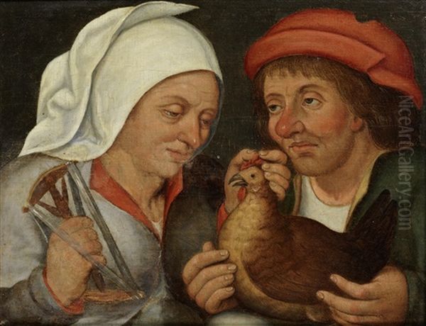 Two Peasants With A Hen And A Spindle Oil Painting by Pieter Brueghel the Younger