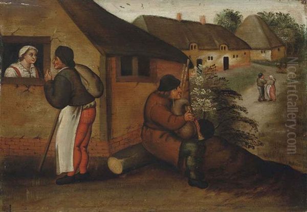 A Bagpipe Player And A Wayfarer In A Village Oil Painting by Pieter Brueghel the Younger