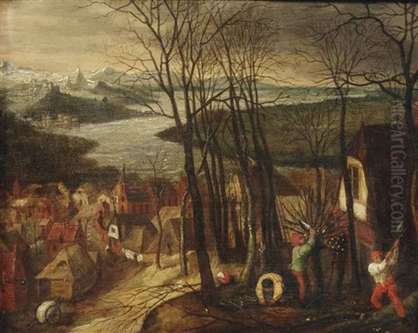 An Extensive River Landscape With Figures Chopping Wood, A Village In The Background Oil Painting by Pieter Brueghel the Younger