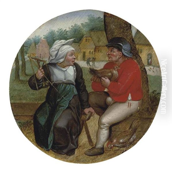 A Peasant Holding A Hen And A Peasant Woman Holding A Spindle Oil Painting by Pieter Brueghel the Younger