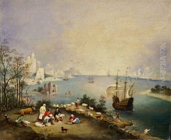 Bauern Bei Der Schafsschur Vor Einer Meereslandschaft Mit Segelboot by Pieter Brueghel the Younger