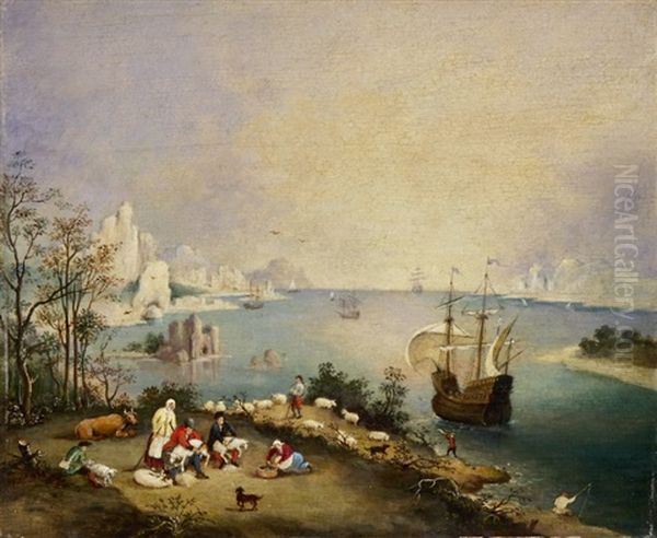 Bauern Bei Der Schafsschur Vor Einer Meereslandschaft Mit Segelboot Oil Painting by Pieter Brueghel the Younger