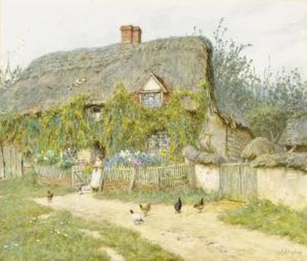 Feeding The Chickens, East Hagbourne Oil Painting by Helen Mary Elizabeth Allingham