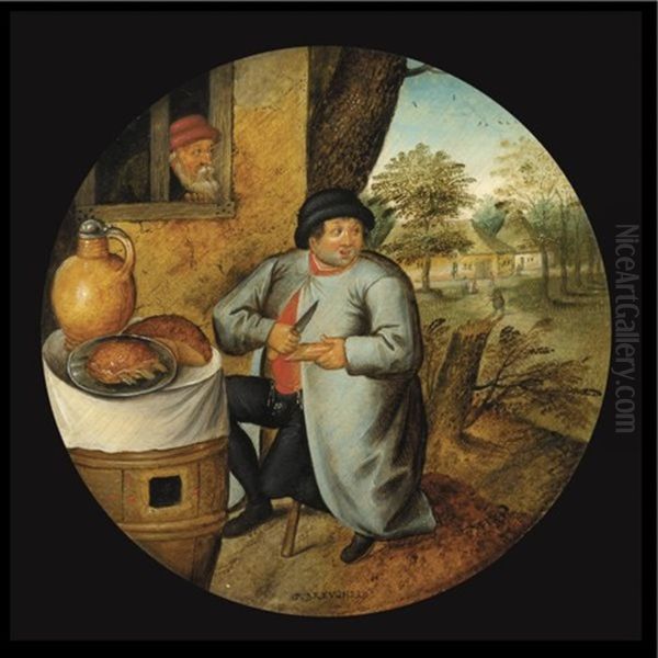 A Flemish Proverb: The Man Who Cuts Wood And Meat With The Same Knife Or A Man Eating Seated At A Barrel Which Has Been Set As A Table Oil Painting by Pieter Brueghel the Younger