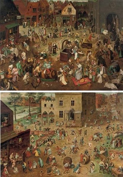 The Battle Between Carnival And Lent (+ The Children's Games; Pair) Oil Painting by Pieter Brueghel the Younger