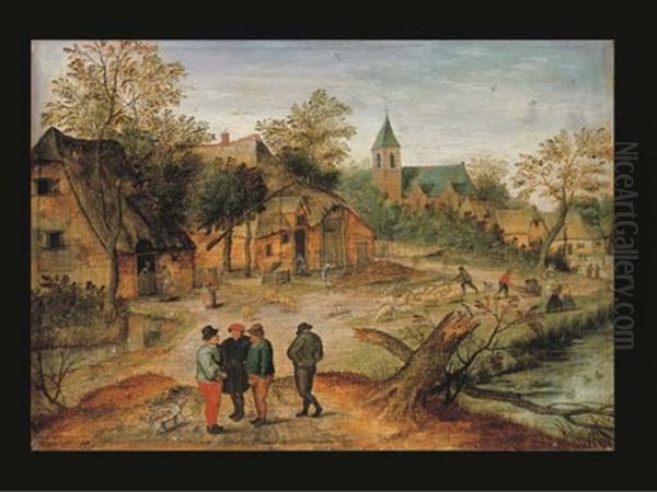 A Village Landscape With Farmers Conversing In The Foreground Oil Painting by Pieter Brueghel the Younger