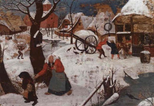 A Winter Landscape With Peasants In A Village Oil Painting by Pieter Brueghel the Younger