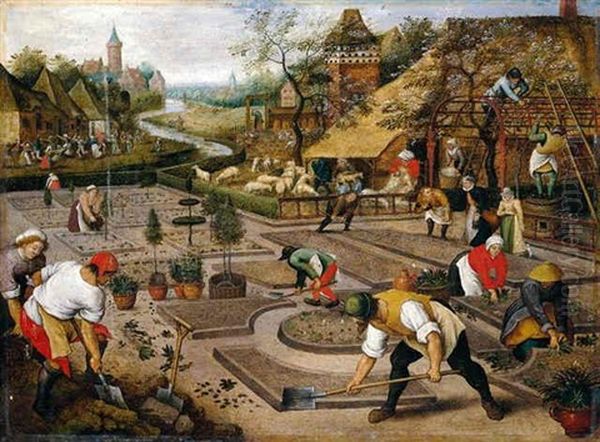 Spring: Gardeners Digging And Planting A Formal Garden Oil Painting by Pieter Brueghel the Younger