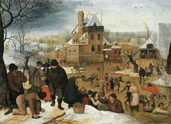 A Winter Landscape With Peasants Skating And Playing Kolf On A Frozen River, A Town Beyond Oil Painting by Pieter Brueghel the Younger