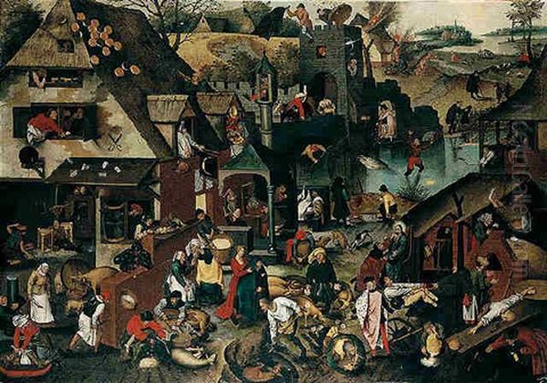 Flemish Proverbs (de Blauwe Huyck) Oil Painting by Pieter Brueghel the Younger