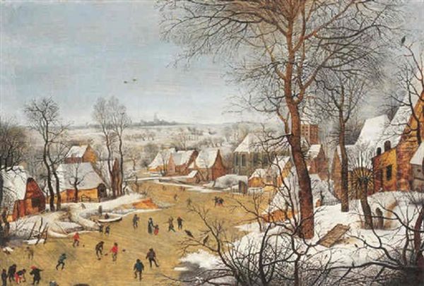 A Winter Townscene With Skaters On A Frozen River By A Bird Trap, A View Of Antwerp Beyond Oil Painting by Pieter Brueghel the Younger