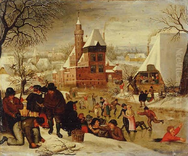 A Winter Landscape With Peasants Skating And Playing Kolf On A Frozen River, A Town Beyond Oil Painting by Pieter Brueghel the Younger