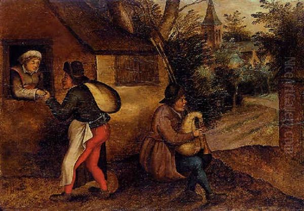 A Peasant Paying Court To A Woman, With A Bagpipe Player In A Village Oil Painting by Pieter Brueghel the Younger