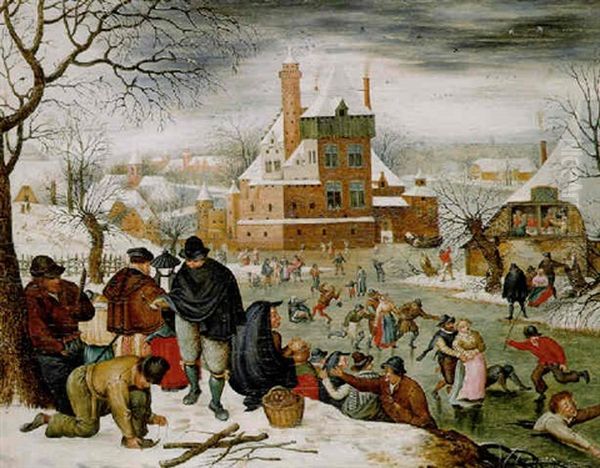 A Winter Landscape With Peasants Skating And Playing Kolf On A Frozen River, A Town Beyond Oil Painting by Pieter Brueghel the Younger