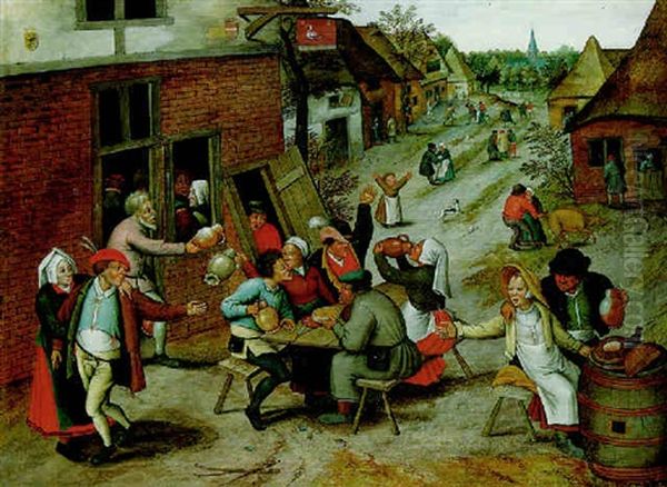 Villagers Merrymaking Outside The Swan Inn Oil Painting by Pieter Brueghel the Younger