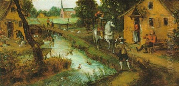 Flamisches Dorf An Einem Flus Mit Bauern, Einem Reiter Und Dessen Gehilfen Auf Der Falkenjagd Oil Painting by Pieter Brueghel the Younger