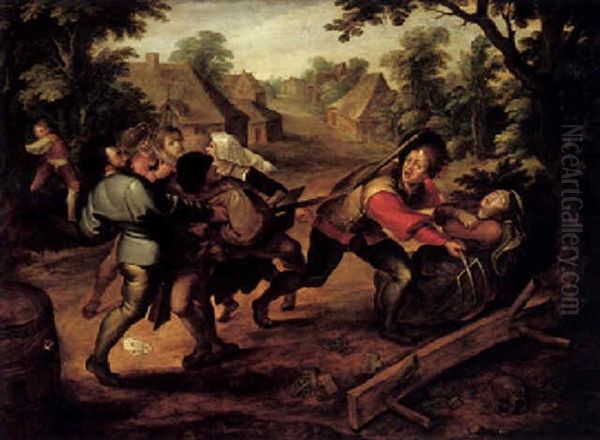 Peasants Fighting Beside An Overturned Bench And Scattered Playing Cards Oil Painting by Pieter Brueghel the Younger