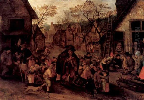 A Hurdy-gurdy Player Surrounded By A Crowd Of Children On A Village Street Oil Painting by Pieter Brueghel the Younger