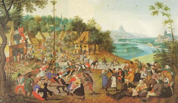 Village Scene With Peasants Carousing And Dancing Around A Maypole Oil Painting by Pieter Brueghel the Younger