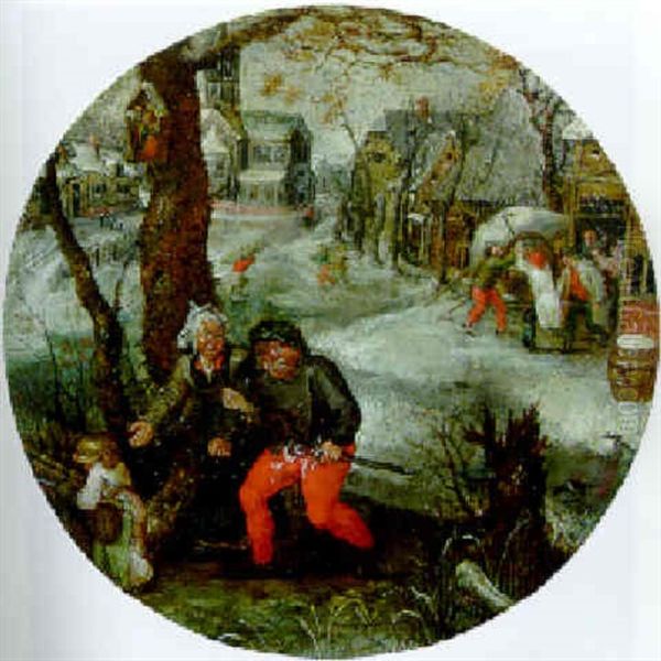 A Drunken Peasant Led Home In A Village In Winter Oil Painting by Pieter Brueghel the Younger