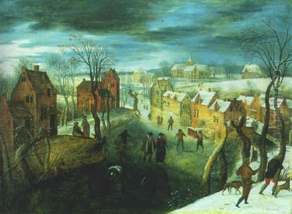 A Village In Winter With Skaters On A Frozen River, Hunters In The Foreground Oil Painting by Pieter Brueghel the Younger