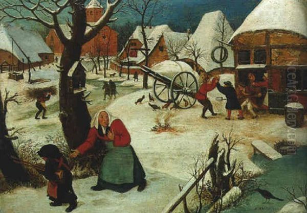 A Village In Winter With A Peasant Woman And Child By A Frozen Pond And Men Brawling Outside A Tavern Oil Painting by Pieter Brueghel the Younger