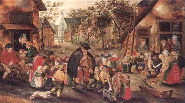 A Blind Hurdy-gurdy Player Surrounded By Children In A Village Street Oil Painting by Pieter Brueghel the Younger